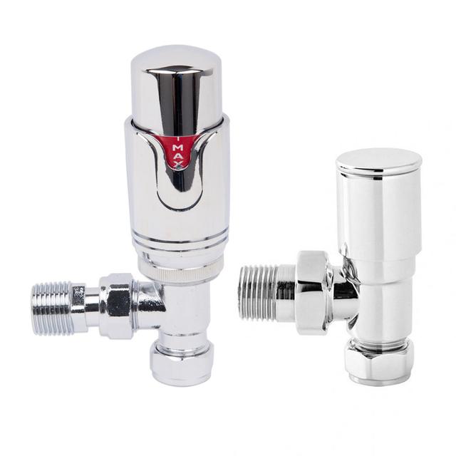 Thermostatic TRV Valve And Manual Radiator Valve Angled 15Mm X 1/2" Twin Pack Chrome Symple Stuff on Productcaster.