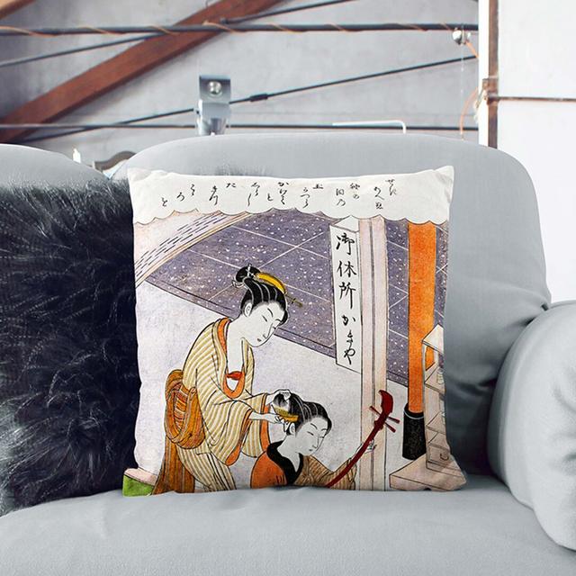 Combing His Hair by Harunobu Suzuki Cushion with Filling East Urban Home Backing Colour: Stone, Size: 55cm H x 55cm W x 20cm D on Productcaster.