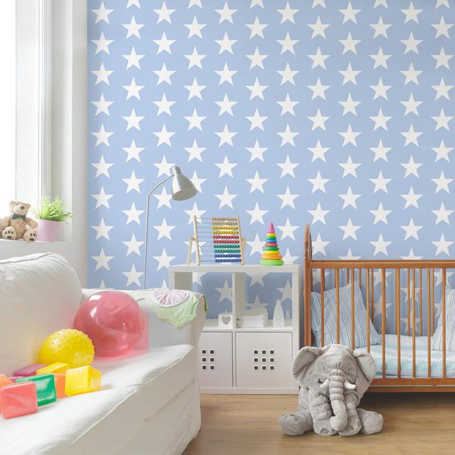 White Stars on a Grey Background Semi-Gloss Wallpaper Roll East Urban Home Size: 2.4m x 240cm, Materialqualität: Premium (150g/m²), Colour: Blue on Productcaster.