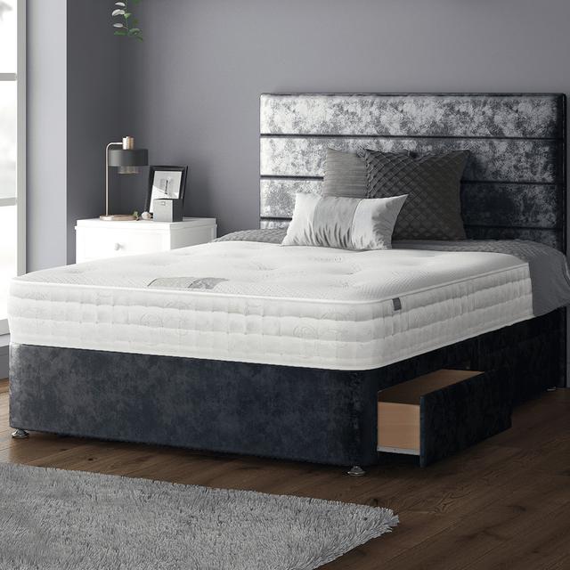 Kiara Stripped Floor Standing Headboard with Divan Base Crush Velvet and Metal Feet Fairmont Park Colour: Denim, Size: Single (3'), Storage Type: 2 Ri on Productcaster.