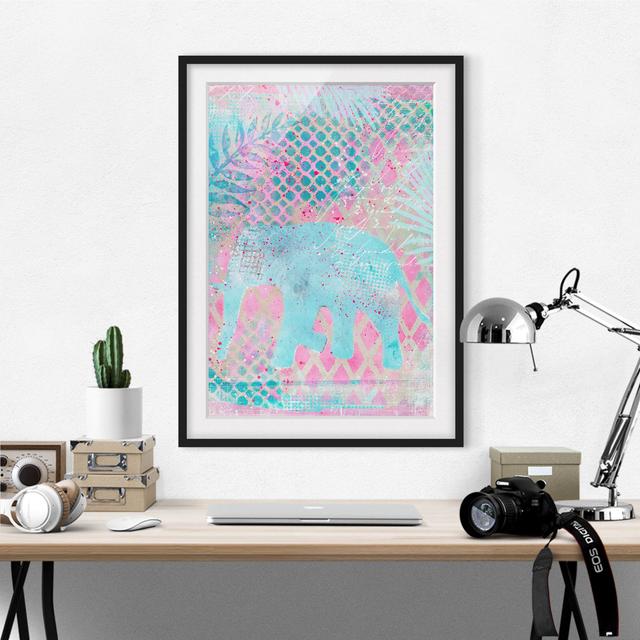 Colourful Collage - Elephant in Blue and Pink - Picture Frame Graphic Art Latitude Vive Size: 40cm H x 30cm W x 2cm D, Frame Option: Black Framed on Productcaster.