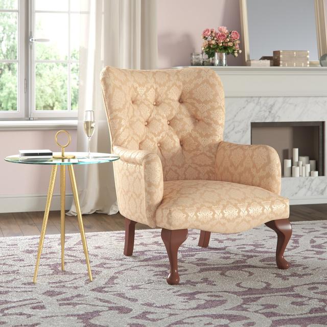 Loretta Wingback Chair Fairmont Park Upholstery: Angelina Ivory Pattern, Frame Finish: Mahogany on Productcaster.