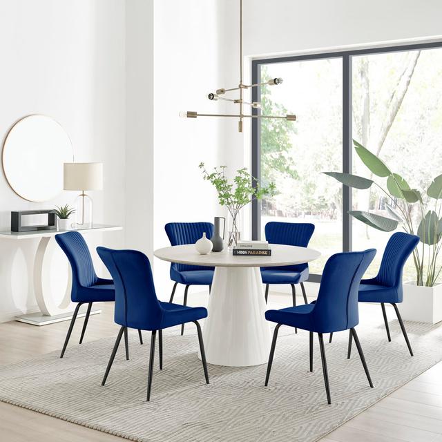 Statement 6 Person Round Dining Table Set in Luxury Beige Stone Effect - Velvet Dining Chairs Canora Grey Chair Colour: Blue/Black on Productcaster.