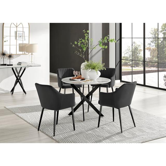 Tierra Modern Chrome Metal & Glass Round Dining Table Set with 4 Luxury Button Velvet Chairs Canora Grey Table Size: 75cm H x 120cm W x 120cm L, Table on Productcaster.