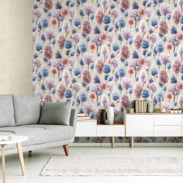 Thaler Large Tilia Shimmery Trees 8.5M X 70cm Wallpaper Roll Marlow Home Co. Colour: Multi-coloured/Blue/Pink on Productcaster.