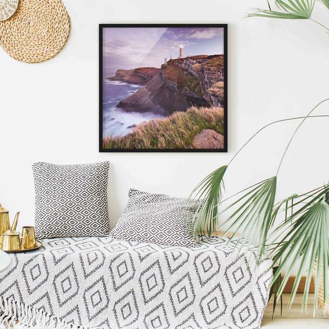 Picture With Frame - Steep Coast And Lighthouse - Square 1:1 Highland Dunes Size: 70cm H x 70cm W x 2cm D, Frame Option: Black Framed on Productcaster.