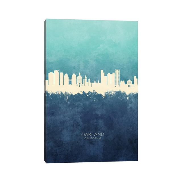 Oakland California Skyline Navy Cyan by Michael Tompsett - Wrapped Canvas Print Latitude Run Size: 45.72cm H x 30.48cm W x 1.905cm D on Productcaster.