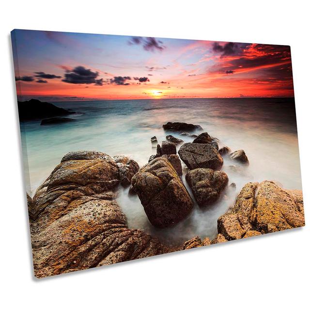 Sunset Rocky Beach Print CANVAS WALL ART Picture Orange Highland Dunes Size: 40.6cm H x 61cm W x 2cm D on Productcaster.