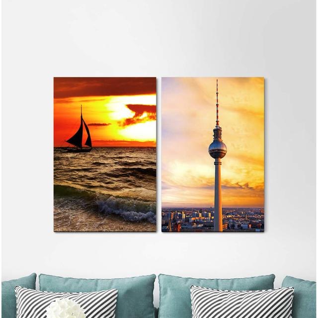 2-tlg. Leinwandbilder-Set - Fotografie „Berlin Television Tower Sailboat Sunset Sea Waves Sailing” East Urban Home on Productcaster.