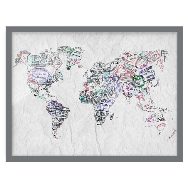 Passport Stamp World Map - Picture Frame Graphic Art Ebern Designs Size: 70cm H x 100cm W x 2cm D, Frame Option: Grey Framed on Productcaster.