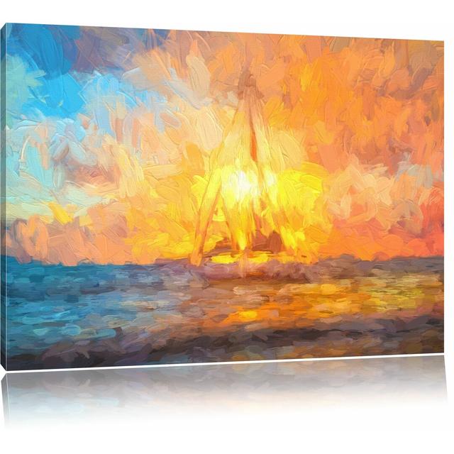 Leinwandbild "Segelboot nahe der Küste im Sonnenuntergang", Grafikdruck East Urban Home Größe: 70 cm H x 100 cm B on Productcaster.