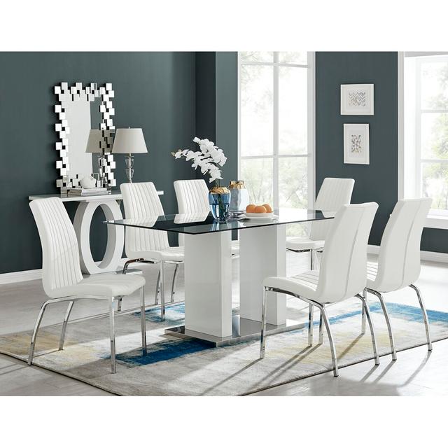 Ransart Modern Luxury Glass & Metal Dining Table Set With 6 Soft Touch Faux Leather Dining Chairs Canora Grey Colour (Chair): White on Productcaster.