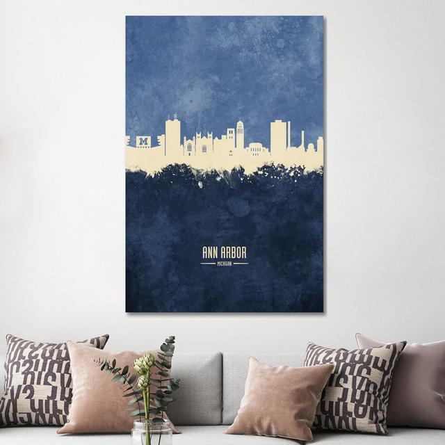 Ann Arbor Michigan Skyline Navy by Michael Tompsett - Wrapped Canvas Print ClassicLiving Size: 152.4cm H x 101.6cm W x 3.81cm D on Productcaster.