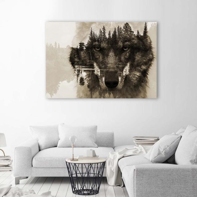 Leinwandbild Wolf Forest Nature Black White Union Rustic Größe: 80 cm H x 120 cm B on Productcaster.