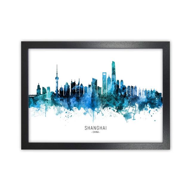 Shanghai China Skyline Blue City Name by Michael Tompsett - Graphic Art Ebern Designs Size: 64cm H x 88cm W x 3cm D, Format: Black Framed on Productcaster.