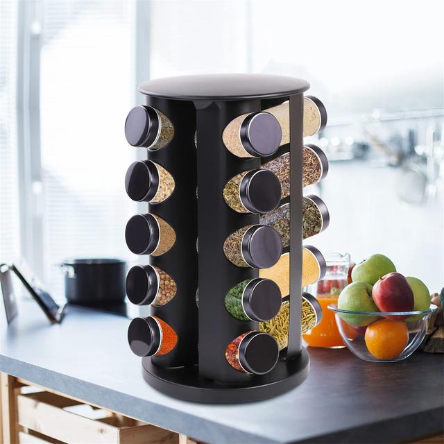 Premium Stainless Steel Rotating Spice Rack - 20 Jars - Erasable Labels Belfry Kitchen Size: 34" H x 19" W x 19" D, Colour: Black on Productcaster.