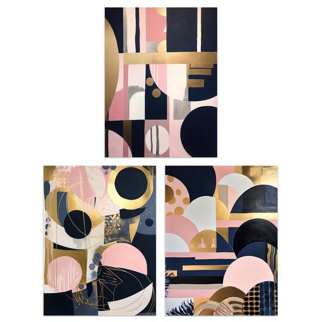 Abstract Boho Art Deco Gold Pink Navy Blue Geometric Shapes - 3 Piece No Frame Print Set Metro Lane Size: 40.5cm H x 30.5cm W x 0.3cm D on Productcaster.