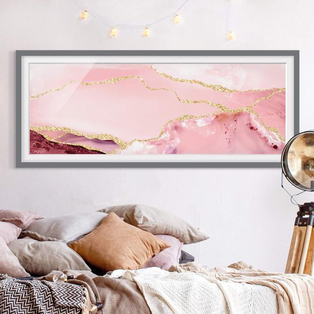 Abstract Mountains Pink with Golden Lines - Picture Frame Painting Canora Grey Frame Option: Grey Framed, Size: 30cm H x 70cm W x 2cm D on Productcaster.