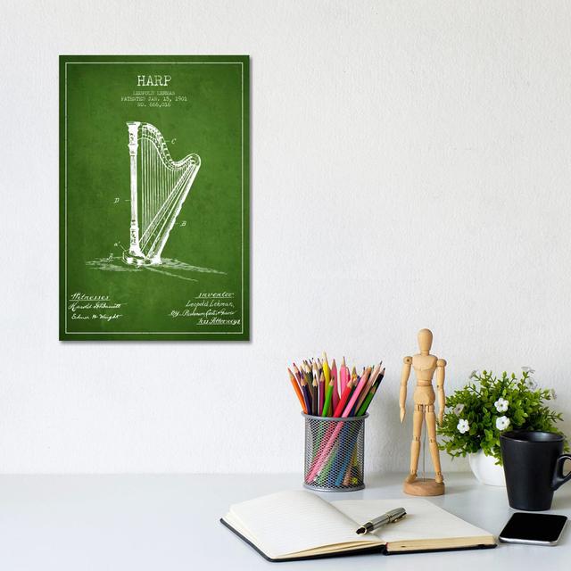 Harp Green Patent Blueprint by Aged Pixel - Gallery-Wrapped Canvas Giclée on Canvas Williston Forge Size: 30.48cm H x 20.32cm W x 1.905cm D, Format: N on Productcaster.