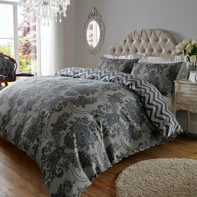 Lyon Reversible Duvet Cover Set Marlow Home Co. Size: Double - 2 Standard Pillowcases, Colour: Charcoal/Black on Productcaster.