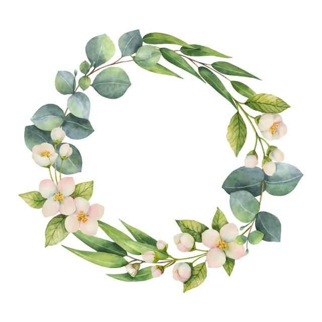 Watercolour Vector Wreath with Green Eucalyptus Leaves, Jasmine Flowers and Branches - Wrapped Canvas Graphic Art Rosalind Wheeler Size: 122cm H x 122 on Productcaster.