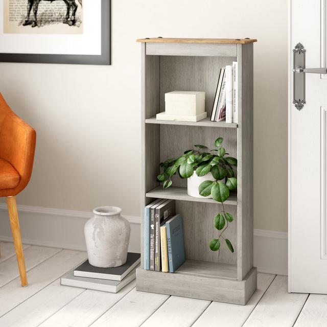 St Blazey Low Narrow 3 Shelf Bookcase, Grey And Antique Wax Finish, Corona Design Brambly Cottage on Productcaster.