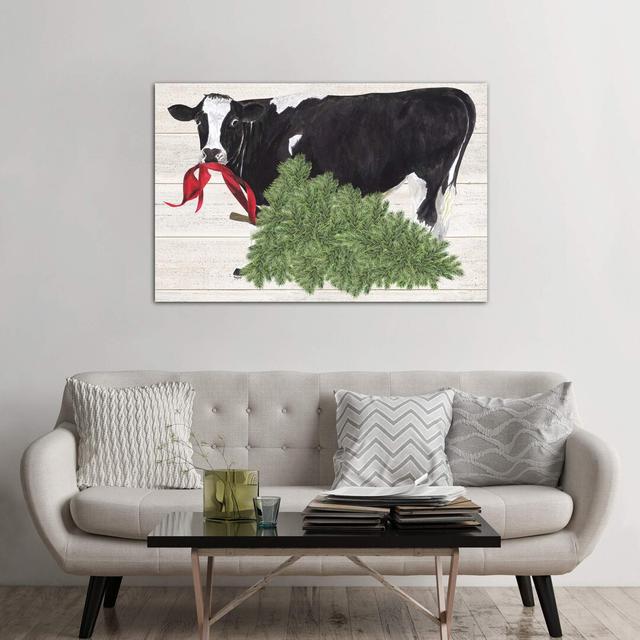 'Christmas on The Farm II - Cow with Tree' Painting Print on Canvas August Grove Size: 101.6cm H x 152.4cm W x 3.81cm D on Productcaster.