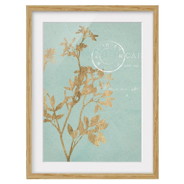 Golden Leaves on Turquoise I - Picture Frame Graphic Art Rosalind Wheeler Size: 55cm H x 40cm W x 2cm D, Frame Option: Brown on Productcaster.