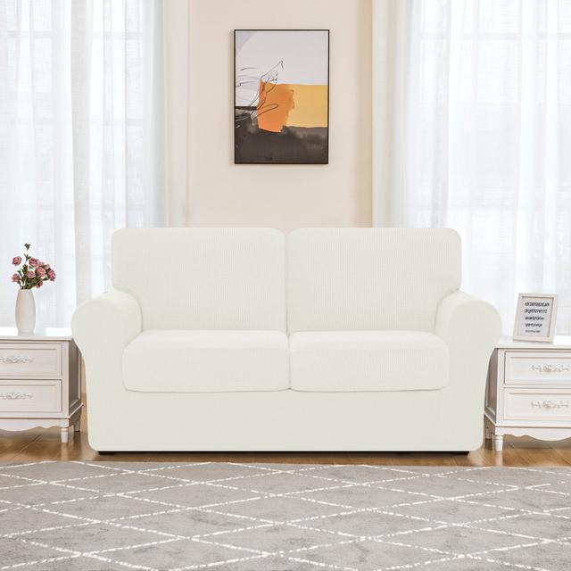 2 Seater Stretch Separate Box Cushion Loveseat Slipcover Ebern Designs Upholstery Colour: White on Productcaster.