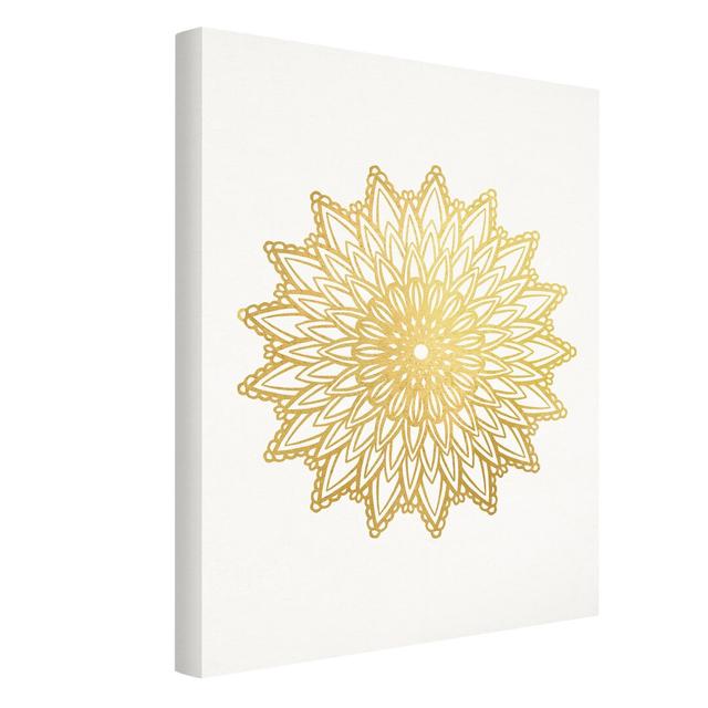 Mandala Sun Illustration White Gold - Wrapped Canvas Graphic Art Bloomsbury Market Size: 100cm H x 75cm W on Productcaster.