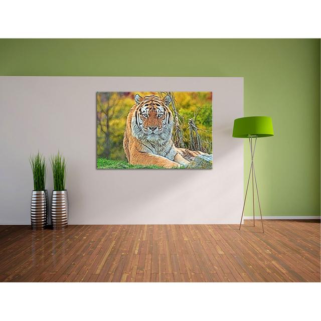 Leinwandbild Schöner Tiger auf Wiese in Hellbraun/Hellgrün East Urban Home Größe: 80 cm H x 120 cm B on Productcaster.