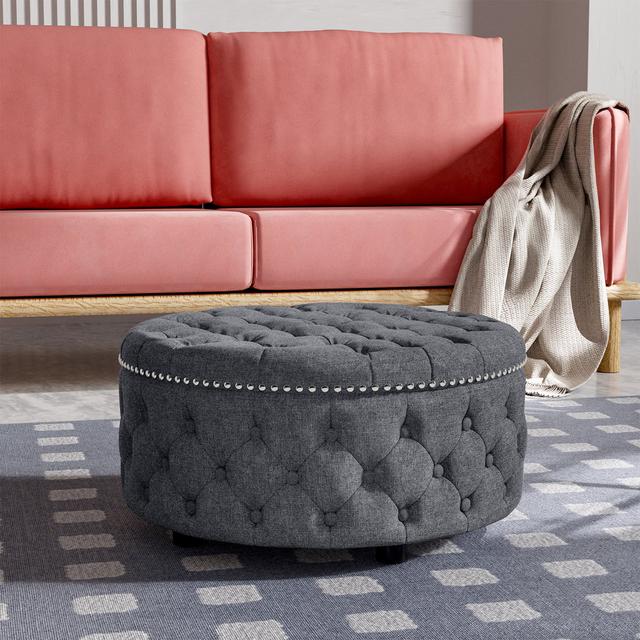 Acle 75cm Wide Tufted Round Cocktail Ottoman Etta Avenue Upholstery Colour: Dark Grey on Productcaster.