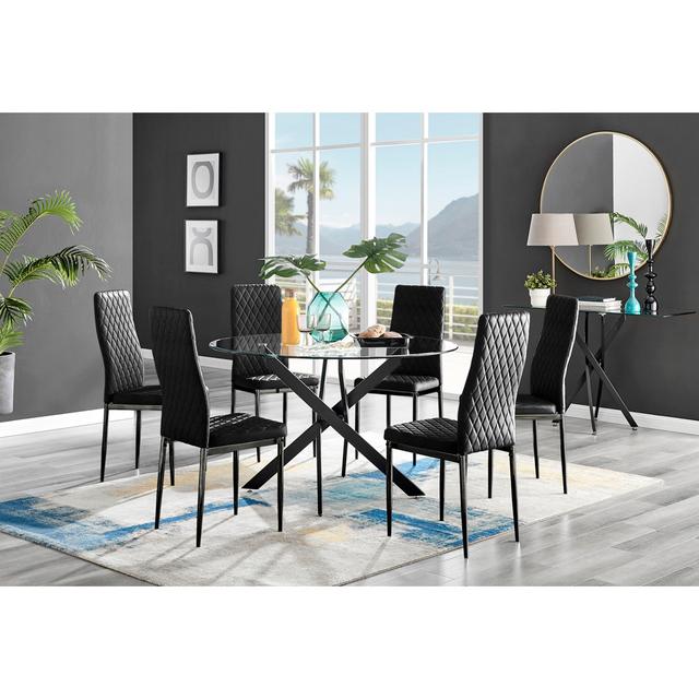 Tierra Modern Chrome Metal & Glass Round Dining Table Set with 6 Quilted Velvet Chairs Furniture Box Chair Colour: Black on Productcaster.