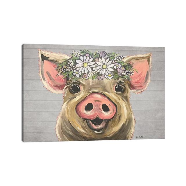 Posey the Pig with Daisies Farmhouse Style - Painting Print on Canvas August Grove Size: 20.32cm H x 30.48cm W x 1.91cm D, Format: Wrapped Canvas on Productcaster.