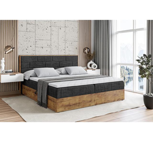 Boxspringbett in Holzoptik mit H3 Bonell-Federkernmatratze, Topper und Bettkasten ModernMoments Größe: 104 cm H x 180 cm B x 210 cm L, Farbe: Schwarz on Productcaster.