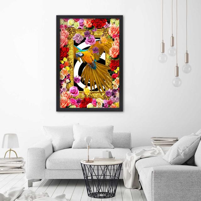 Gerahmtes Poster Parrot On A Background Of Flowers Sansibar Home Größe: 45 cm H x 30 cm B x 2 cm T on Productcaster.