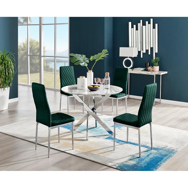 Tierra Modern Marble Effect and Metal 4 Seat Dining Table Set - Luxury Velvet Dining Chairs Canora Grey Table Top Colour: White Marble, Table Base Col on Productcaster.