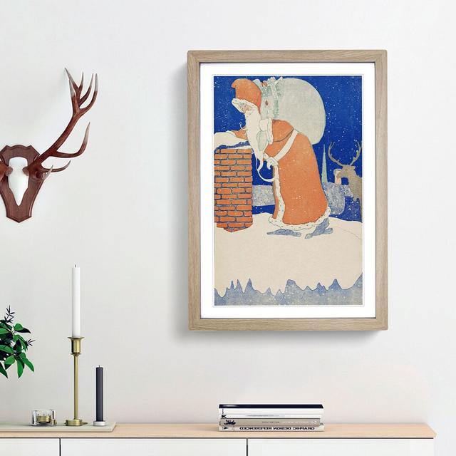 Father Christmas with Reindeer - Picture Frame Painting Print on MDF East Urban Home Size: 50cm H x 35cm W x 2cm D, Frame Option: Oak on Productcaster.