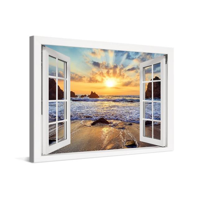 Leinwandbild Sunset Over Rocky Beach Window Xcm – Premium Leinwanddruck – Kunstdruck Auf Cm Holz-Keilrahmen Für Schlaf- Und Wohnzimmer – Kollektion St on Productcaster.