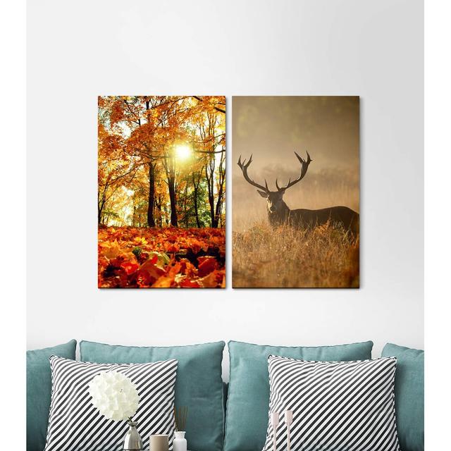 2-tlg. Leinwandbilder-Set - Fotografie „Forest Autumn Foliage Deer Antlers Warm Light Peace” East Urban Home on Productcaster.