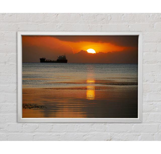 Ocean Ship Sun Glow Framed Print Highland Dunes Size: 100cm H x 141.4cm W x 3.3cm D on Productcaster.