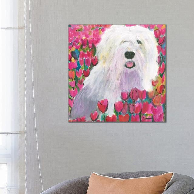 Sheepdog In Tulip Field by Connie Collum - Painting on Canvas Ebern Designs Size: 66.04cm H x 66.04cm W x 1.91cm D, Format: Wrapped Canvas on Productcaster.