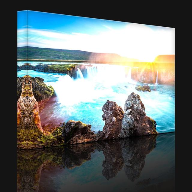 Idyllic Waterfalls at Sunset - Wrapped Canvas Photograph Print lightbox-multicolor Size: 40cm H x 60cm W x 4.5cm D, Frame Option: With lighting on Productcaster.