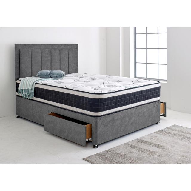 Divan Bed with Stripe 24" Headboard with 2x Drawers Same Side 17 Stories Colour: Grey Charcoal, Storage Type: 2 Same Side Drawers, Size: King on Productcaster.