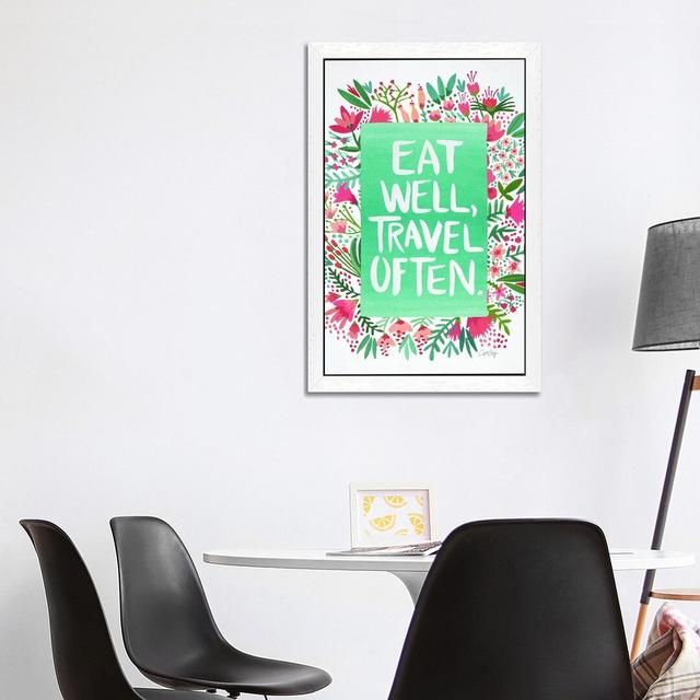 Eat Travel White by Cat Coquillette - Floater Frame Painting on Canvas Ebern Designs Frame Option: White, Size: 66.04cm H x 45.72cm W x 3.81cm D on Productcaster.