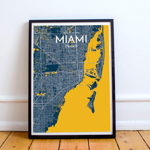 Miami City Map - Unframed Graphic Art Print on Paper East Urban Home Size: 43.2cm H x 27.9cm W x 0.1cm D, Colour: Black/Grey on Productcaster.