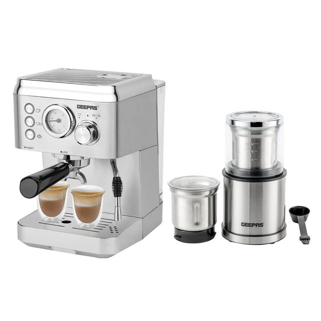 Geepas 1140W Espresso & Cappuccino Coffee Machine & 200W Coffee Grinder Combo Set - Milk Frother, Electric Wet & Dry Food Processor Geepas on Productcaster.