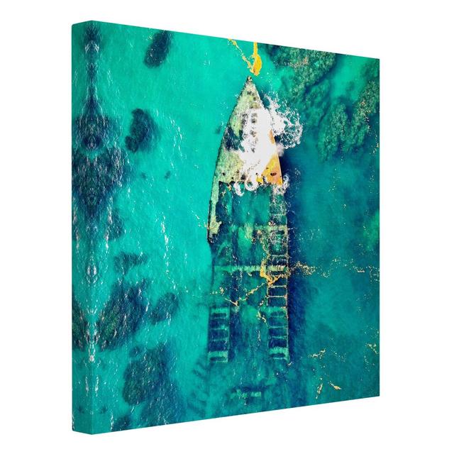 Top View Shipwreck in the Sea - Wrapped Canvas Art Prints Longshore Tides Size: 40cm H x 40cm W, Format: 330g/m³ recycled canvas on Productcaster.