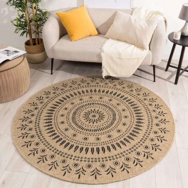 Wohnzimmerteppich im Jute-Look, Ornamente im Boho-Stil, Teppich für drinnen und draußen Carpet City Farbe: Schwarz, Teppichgröße: Rund 160 cm on Productcaster.