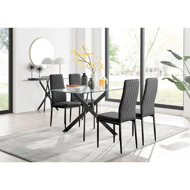 Lenworth Modern Black Metal and Glass Dining Table Set - x4 Luxury Faux Leather Dining Chairs Canora Grey Colour (Chair): Black on Productcaster.